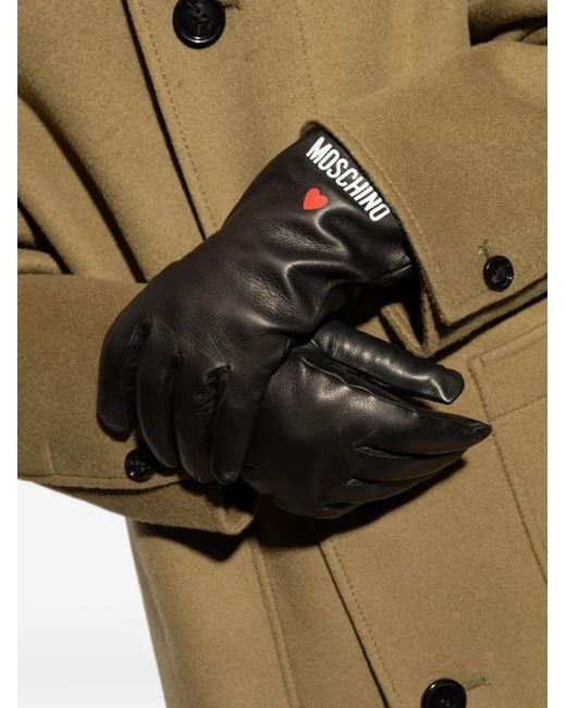 Moschino Black Logo-Heart Leather Gloves