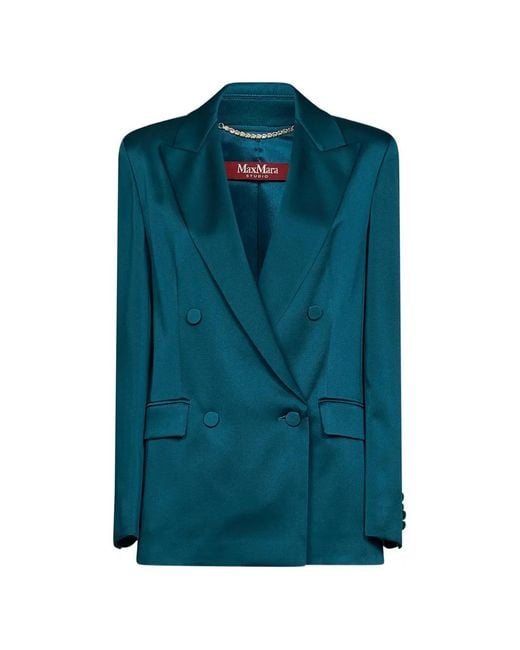 Max Mara Blue Double-Breasted Satin Blazer