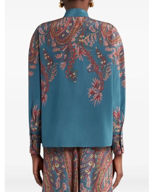 Etro Blue Paisley-Print Tie-Neck Blouse
