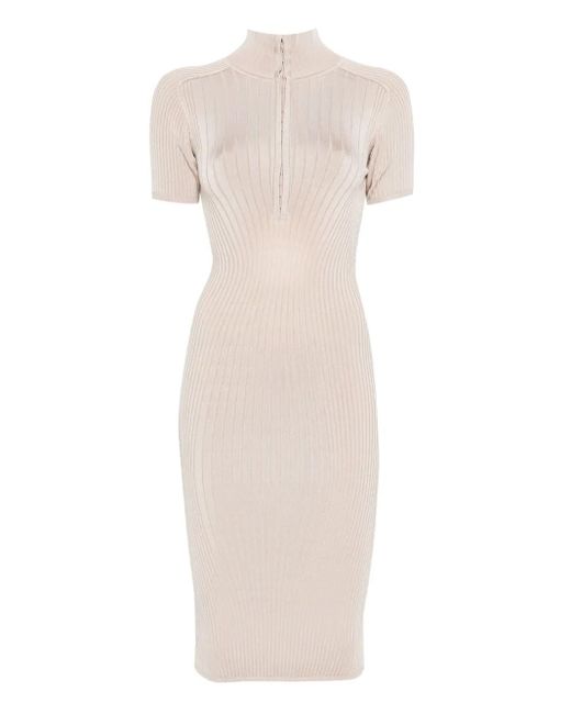 Mugler White Geripptes Midikleid mit Haken und Ösen