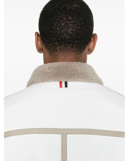 Thom Browne White Shearling-Trim Leather Jacket for men