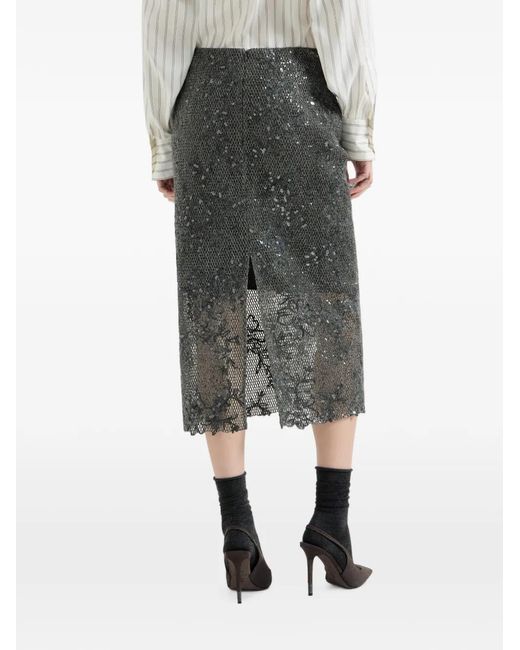 Brunello Cucinelli Gray Dazzling Lace-Embroidery Pencil Skirt