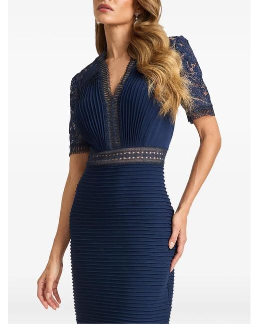 Tadashi Shoji Blue Brone Lace-Panelled Pintuck Midi Dress