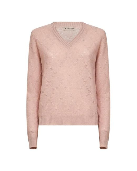 Blanca Vita Pink Ribbed Diamond-Stitch Knit Sweater