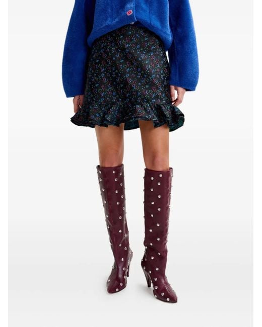 Essentiel Antwerp Blue Floral-Print Ruffled-Hem Skirt