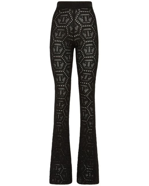 Philipp Plein Black Monogram-pattern Open-knit Trousers