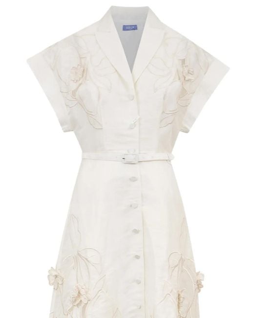 LEO LIN White Floral-Appliqué Belted Midi Dress