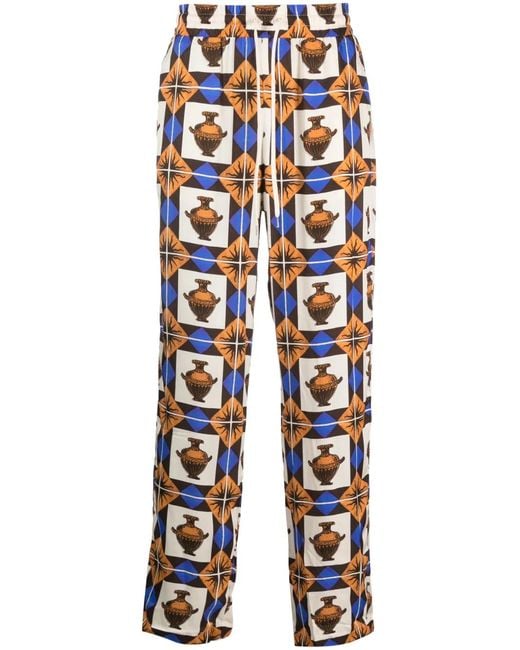 Drole de Monsieur Blue Zalij-Pattern Wide-Leg Trousers for men