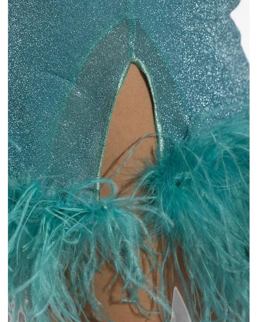 Oseree Blue Plumage Feather-Trim Lurex Mini Dress