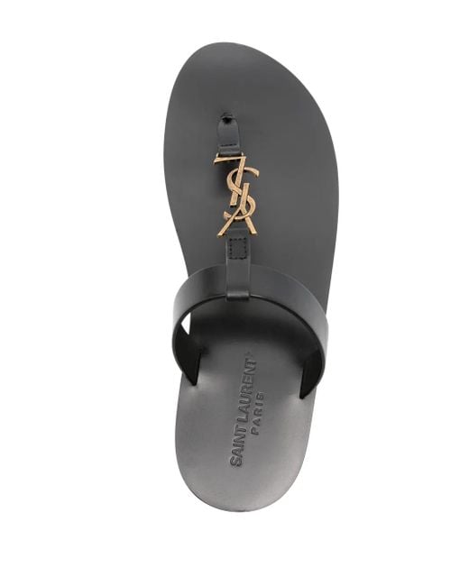 Saint Laurent Black Cassandre Leather Thong Sandals