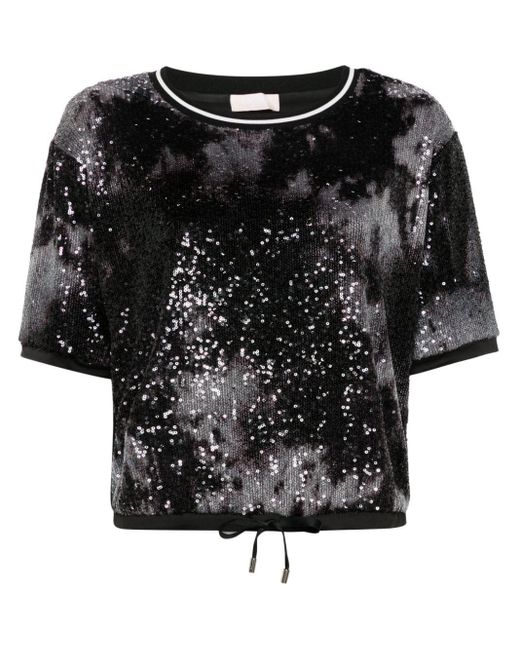 Liu Jo Black Gemustertes T-Shirt mit Perlenverzierung