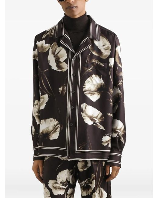Dolce & Gabbana Black Poppy- Silk Twill Vanity Shirt for men