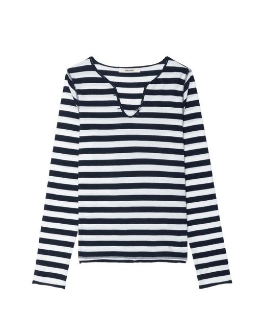 Zadig & Voltaire Blue Henley Striped Long-Sleeve T-Shirt