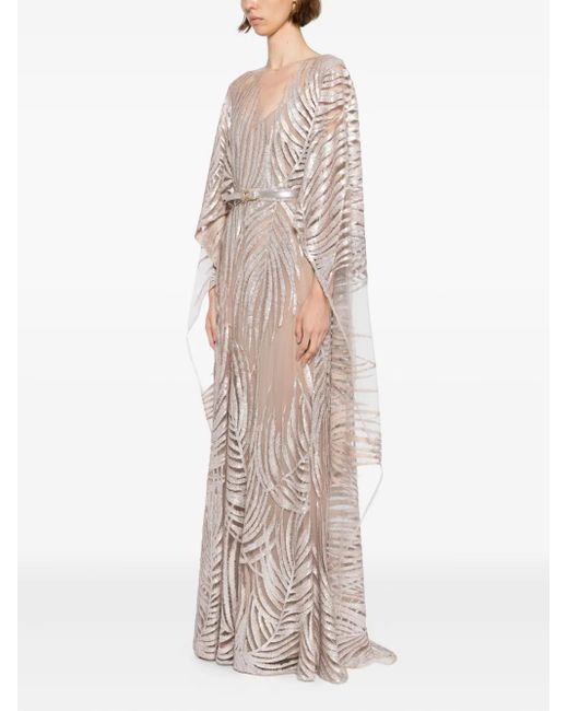 Elie Saab Natural Embroidered Tulle Long Dress