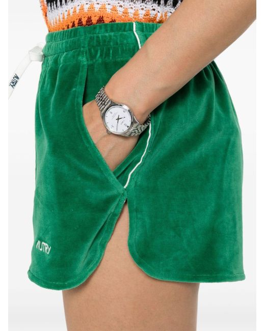 Autry Green Embroidered-Logo Velvet Shorts