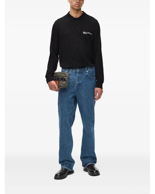 Karl Lagerfeld Black Long-Sleeve Pique Polo Shirt for men