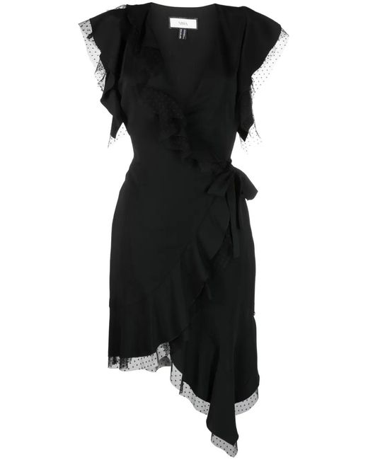 Nissa Black Tulle-Detailing Draped Mini Dress