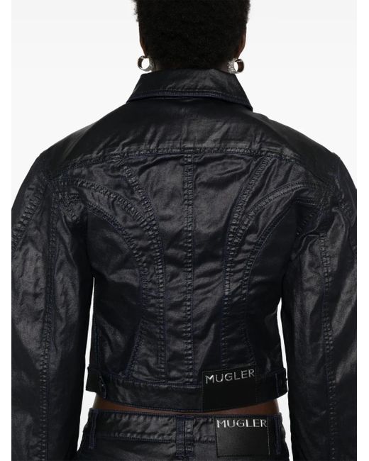 Mugler Black Cropped Midnight Wax-Effect Jacket