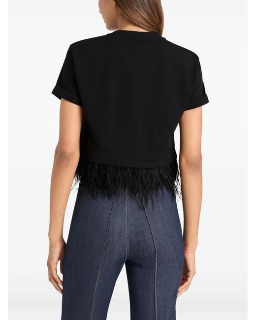 Cinq À Sept Black Short-Sleeve Feather-Trimmed Cropped T-Shirt
