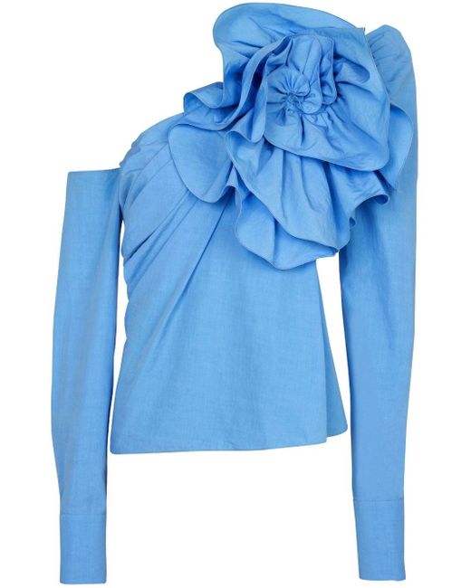 Balmain Blue Asymmetric Ruffled Top - Women's - Cotton