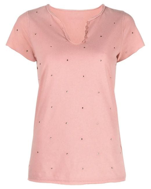 Zadig & Voltaire Pink Rhinestone-Embellished Henley-Neck T-Shirt