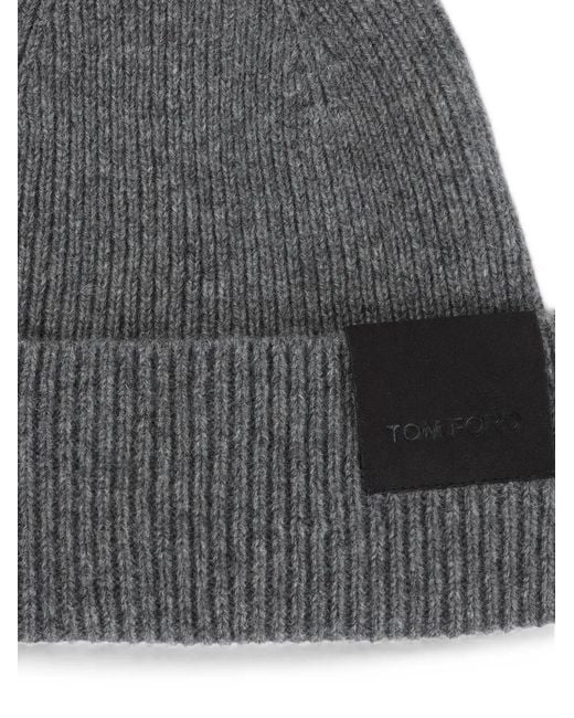 Tom Ford Gray Logo-Patch Ribbed-Knit Beanie Hat for men