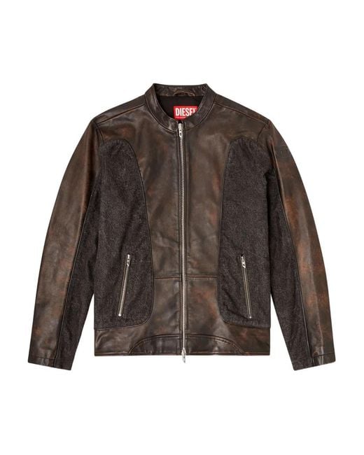 DIESEL Brown L-Krill-Dnm Panelled Leather Jacket for men