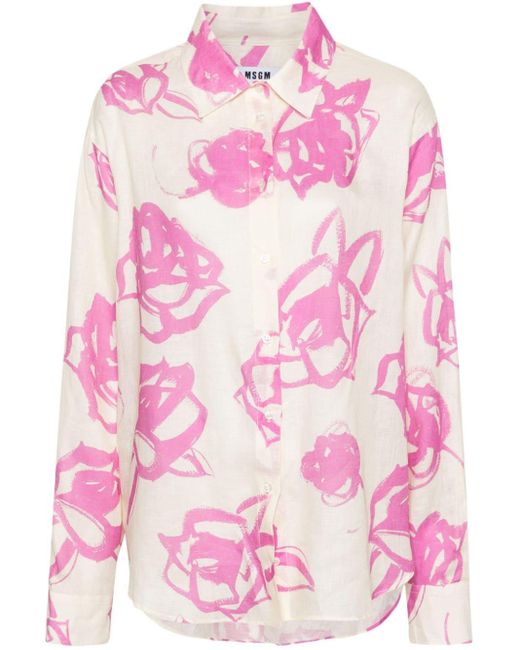 MSGM Pink Leinen-Chambray-Hemd mit Blumen