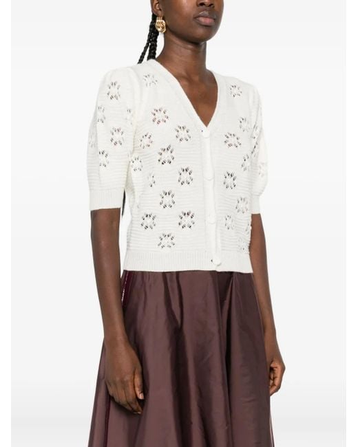 Twinset White Floral-Pattern Button-Down Cardigan