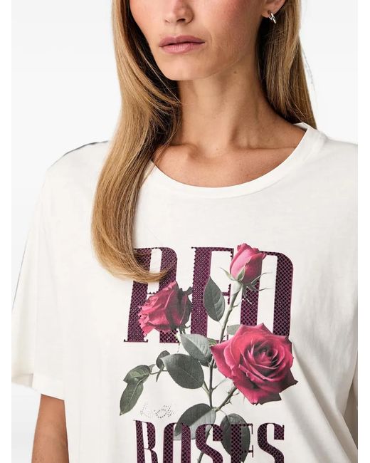 Liu Jo White Rose-Print Rhinestone-Embellished T-Shirt
