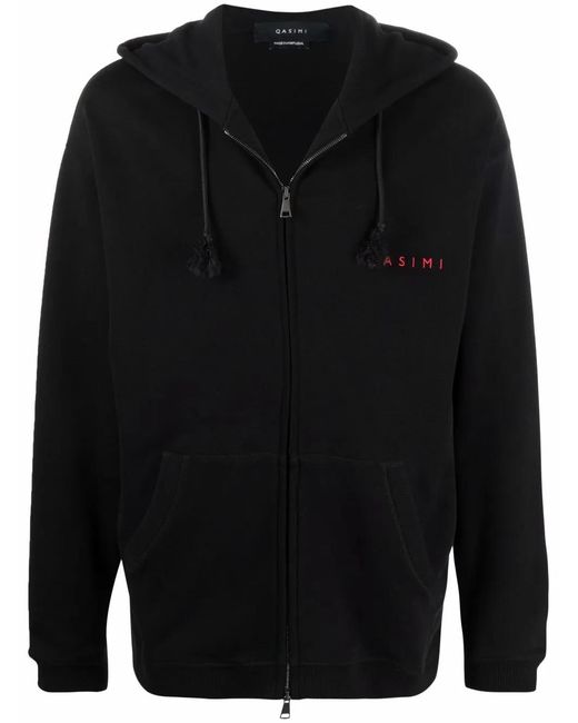 Qasimi Black Embroidered Logo Slogan Hoodie