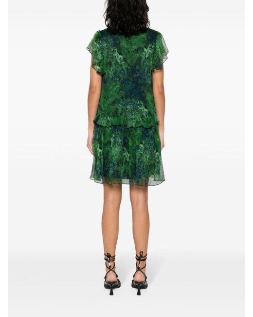 Nissa Green Ruffled Paisley Silk Mini Dress