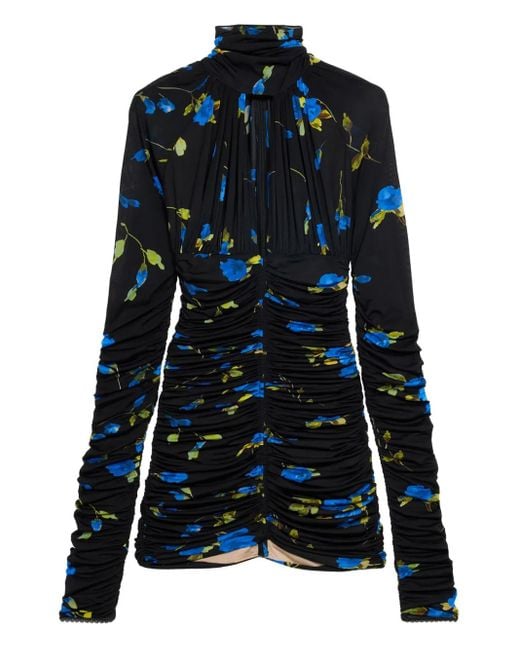 Blumarine Blue Ruched Floral-Print Mini Dress