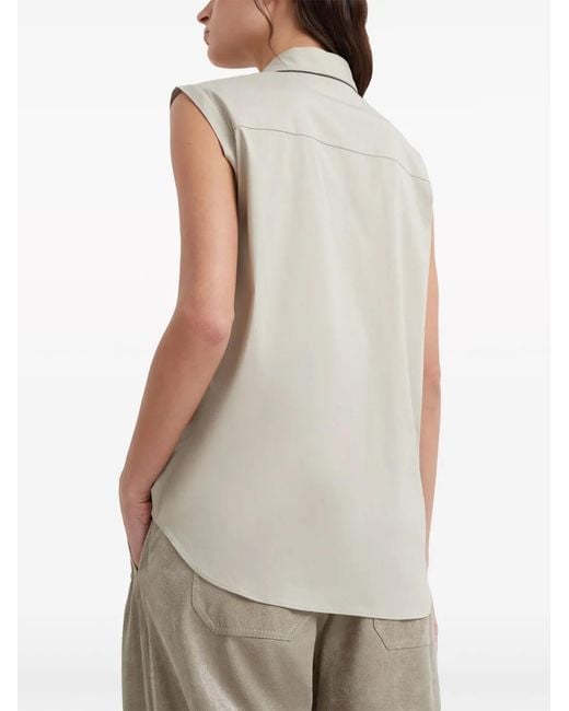 Brunello Cucinelli White Sleeveless Cotton-Blend Blouse