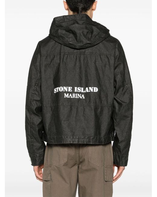 Stone Island Black Logo-print Hooded Linen Jacket for men