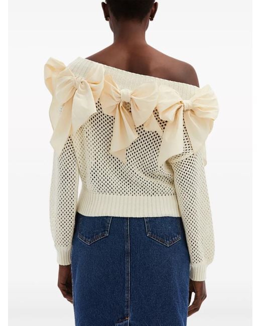 Oscar de la Renta White Bow-Embellished Pointelle-Knit Jumper