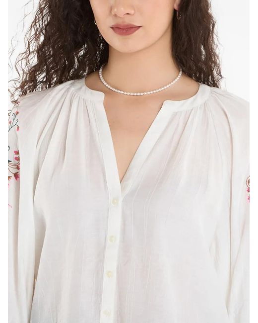 Desigual White Blouse À Fleurs Brodées