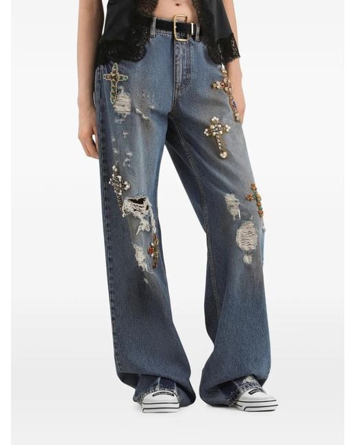 Dolce & Gabbana Blue 5-Pocket Denim Trousers With Embroidery