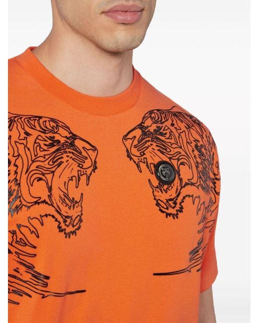 Philipp Plein Orange Tiger-print Cotton T-shirt for men