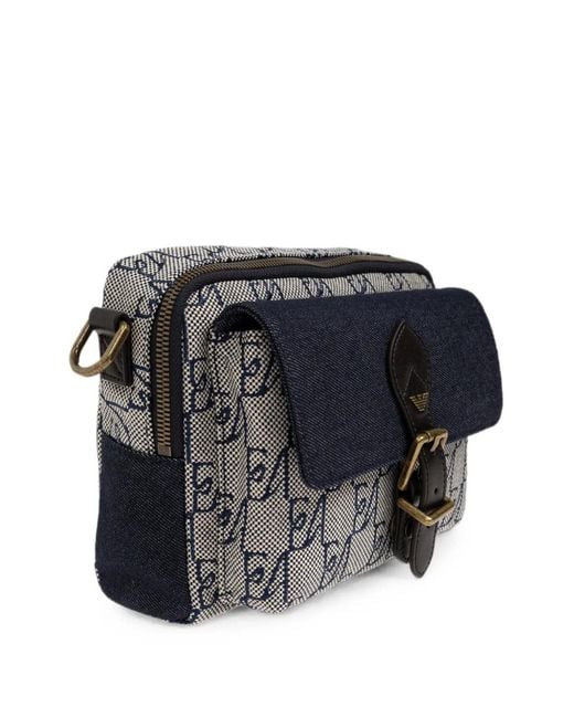 Emporio Armani Black Monogram-Print Buckled Messenger Bag for men