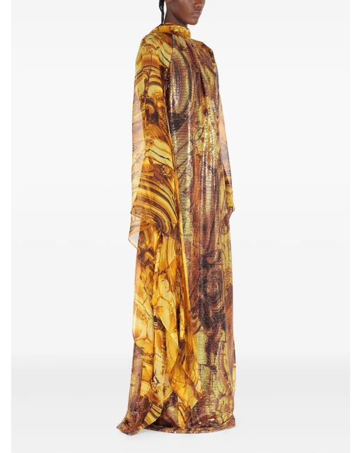 Roberto Cavalli Metallic Amber-Print Sequin-Embellished Maxi Dress