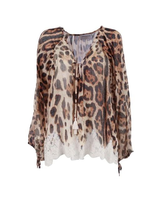 ERMANNO FIRENZE Brown Leopard-Print Lace-Trim Blouse