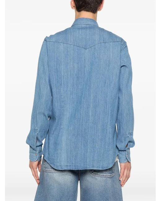 Mazzarelli Blue Western-Yoke Chest-Pocket Shirt for men