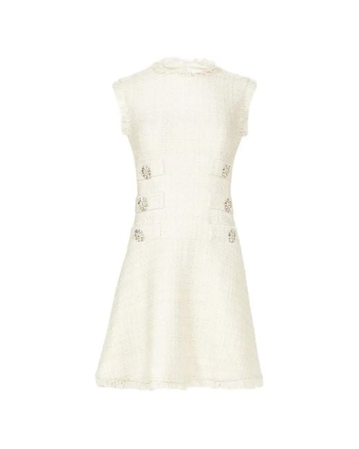 Costarellos White Villie Crystal-Buttons Tweed Mini Dress