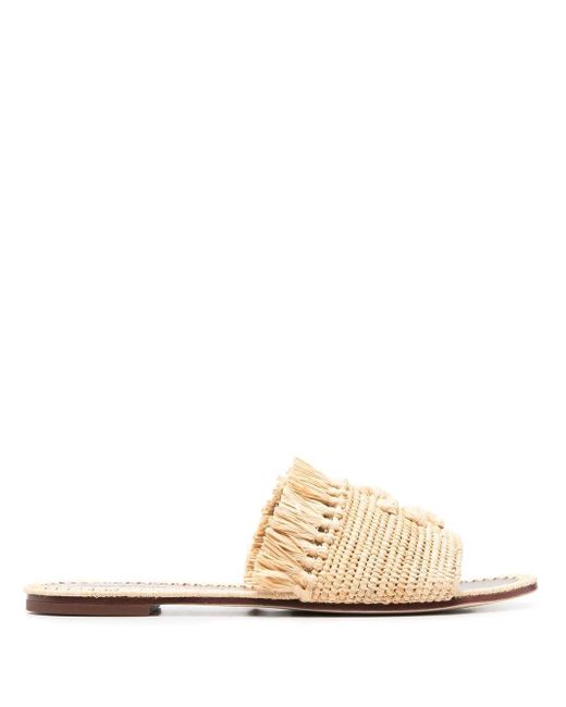 Tory Burch Leather Woven-raffia Fringed Sandals in Natural | Lyst Canada
