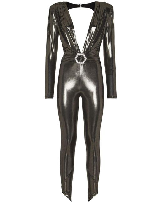 Philipp Plein Black Crystal-embellished Lamé Jumpsuit