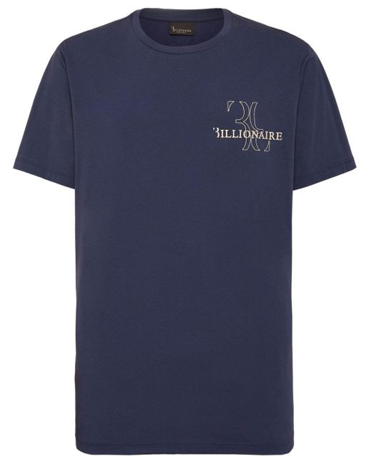 Billionaire Blue Logo-embroidered Cotton T-shirt for men