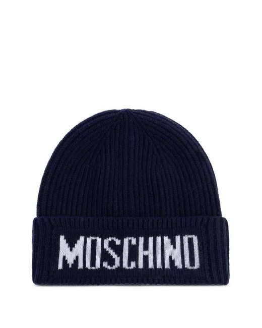Moschino Blue Logo-Detail Ribbed Beanie Hat