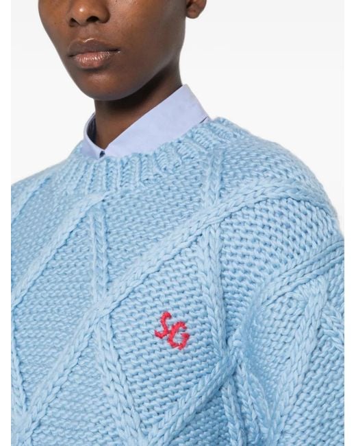 Stine Goya Blue Cable-Knit Embroidered-Logo Sweater