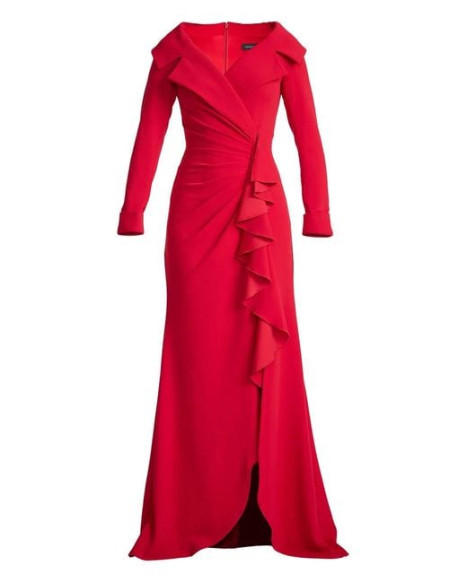 Tadashi Shoji Red Long-Sleeve Ruffle Crepe Gown